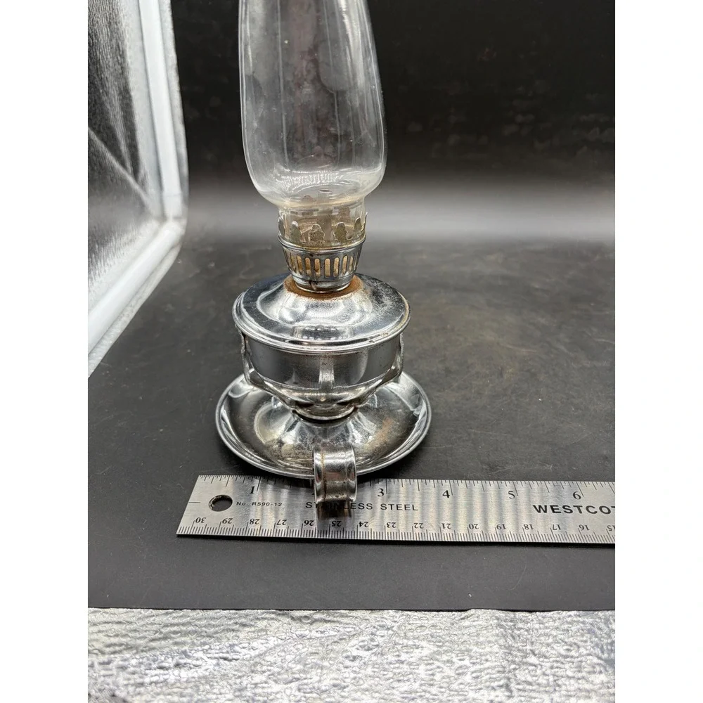 Vintage Miniature Chrome Oil Lamp with Glass Chimney Finger Hold Base